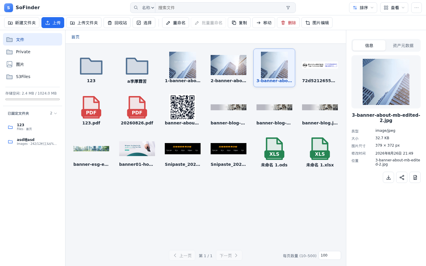 SoFinder file workspace showing storage areas, image thumbnails and file details